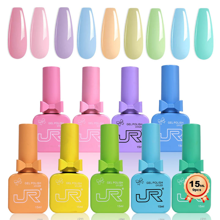 JR macaron gel set front packaging shows nine pastel bottles and benefits