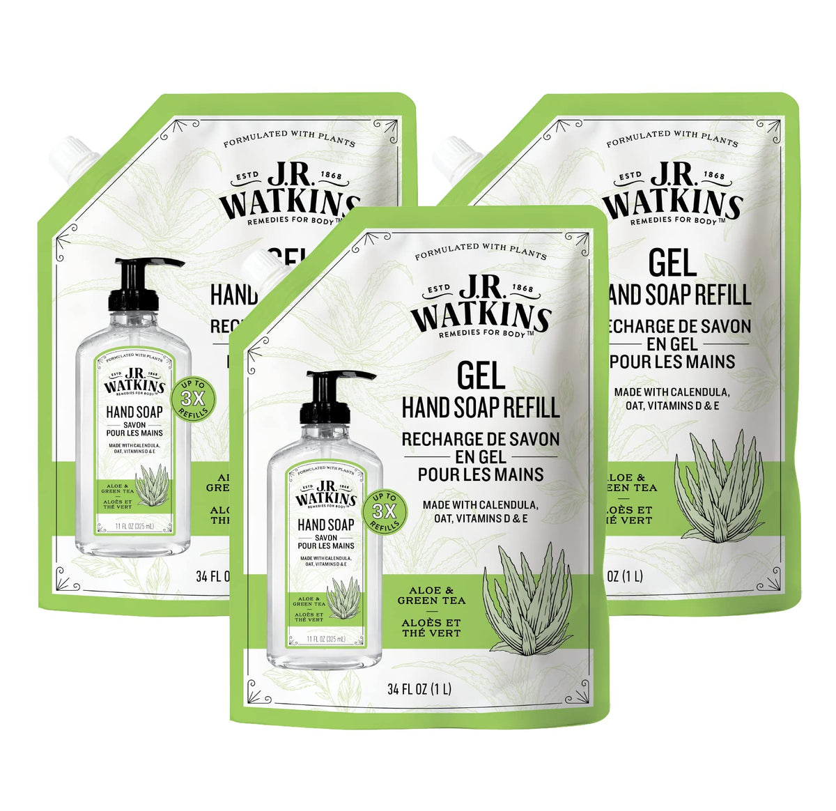 J.R. Watkins front pouch showing aloe green tea scent and refill benefit