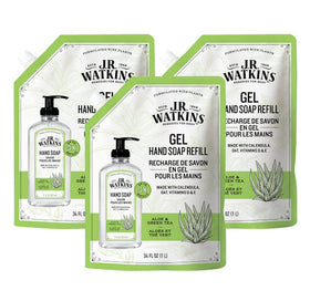 J.R. Watkins front pouch showing aloe green tea scent and refill benefit