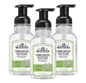 J.R. Watkins front packaging showing aloe green tea and pump, promotes gentle cleansing
