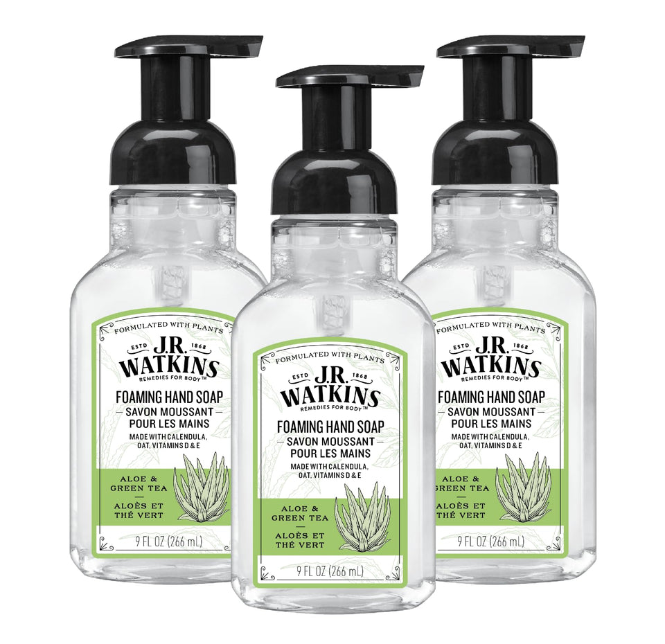 J.R. Watkins front packaging showing aloe green tea and pump, promotes gentle cleansing