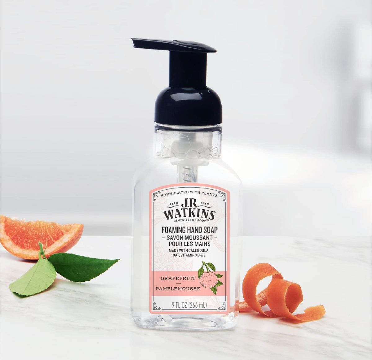 J.R. Watkins bottles staged on bathroom counter, elegant everyday hand care