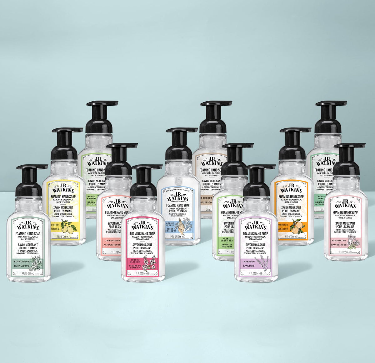 J.R. Watkins refill on bathroom counter indicating fresh scent and convenience