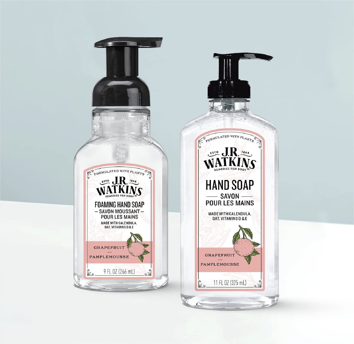 J.R. Watkins label close-up showing pamplemousse scent and cruelty-free badge