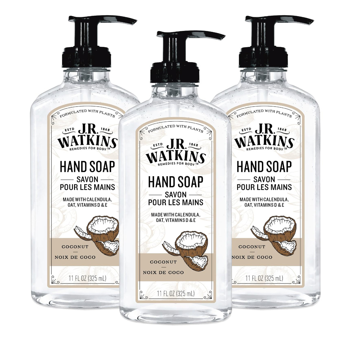 J.R. Watkins front packaging showing three coconut gel soap bottles and convenience