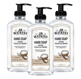 J.R. Watkins front packaging showing three coconut gel soap bottles and convenience