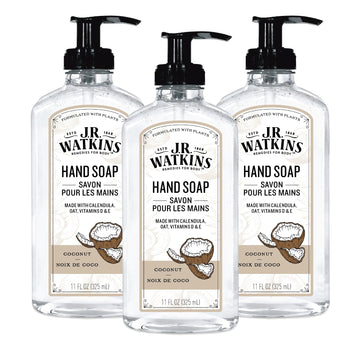 J.R. Watkins front packaging showing three coconut gel soap bottles and convenience