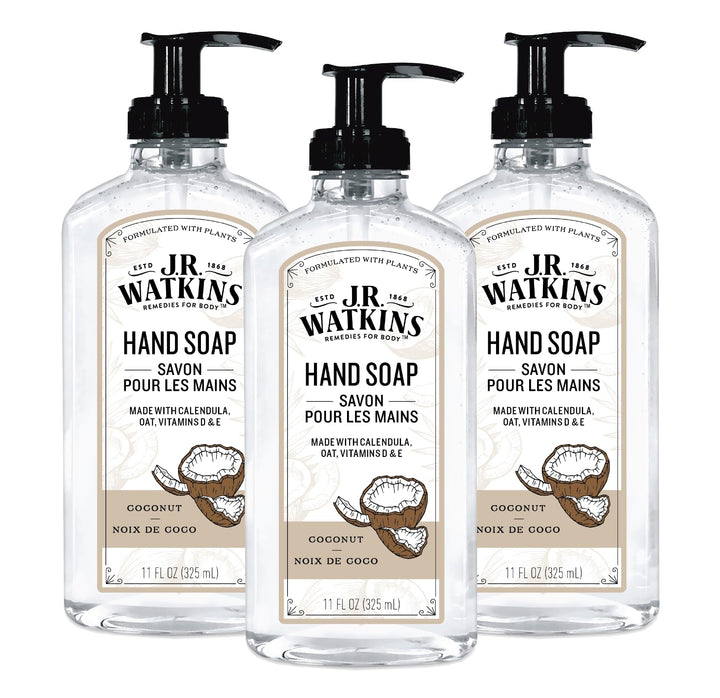 J.R. Watkins front packaging showing three coconut gel soap bottles and convenience