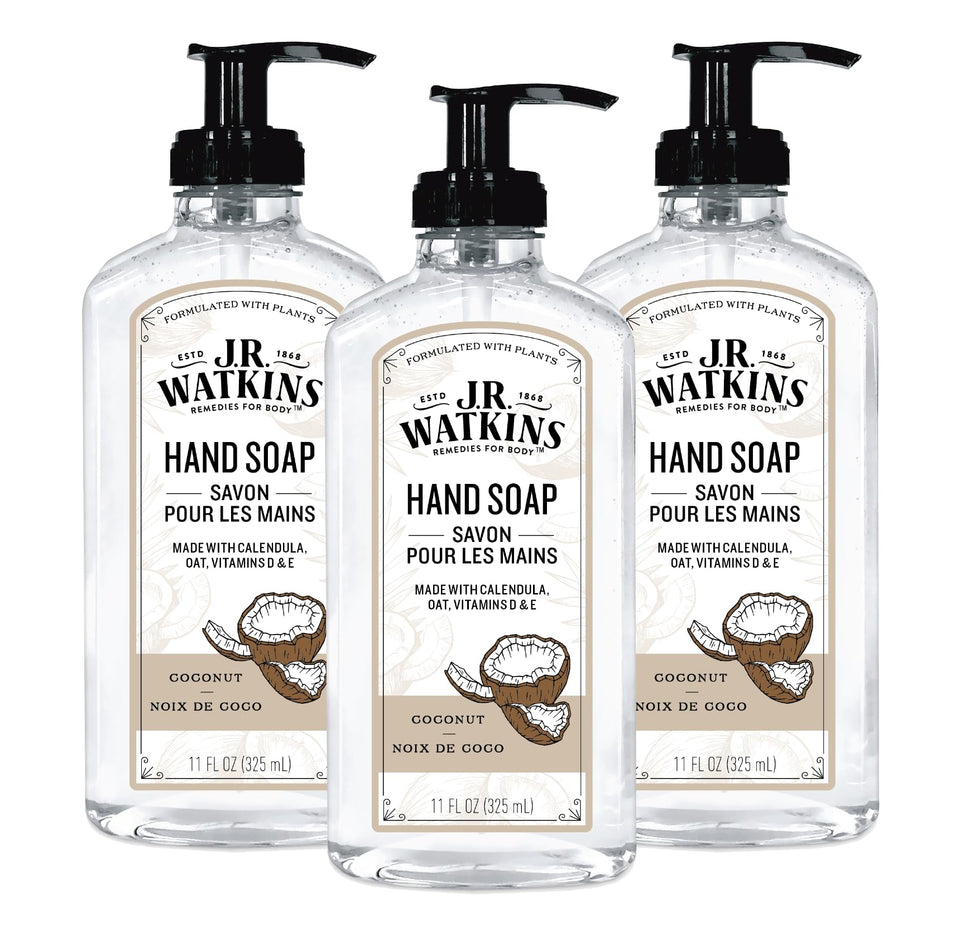 J.R. Watkins front packaging showing three coconut gel soap bottles and convenience