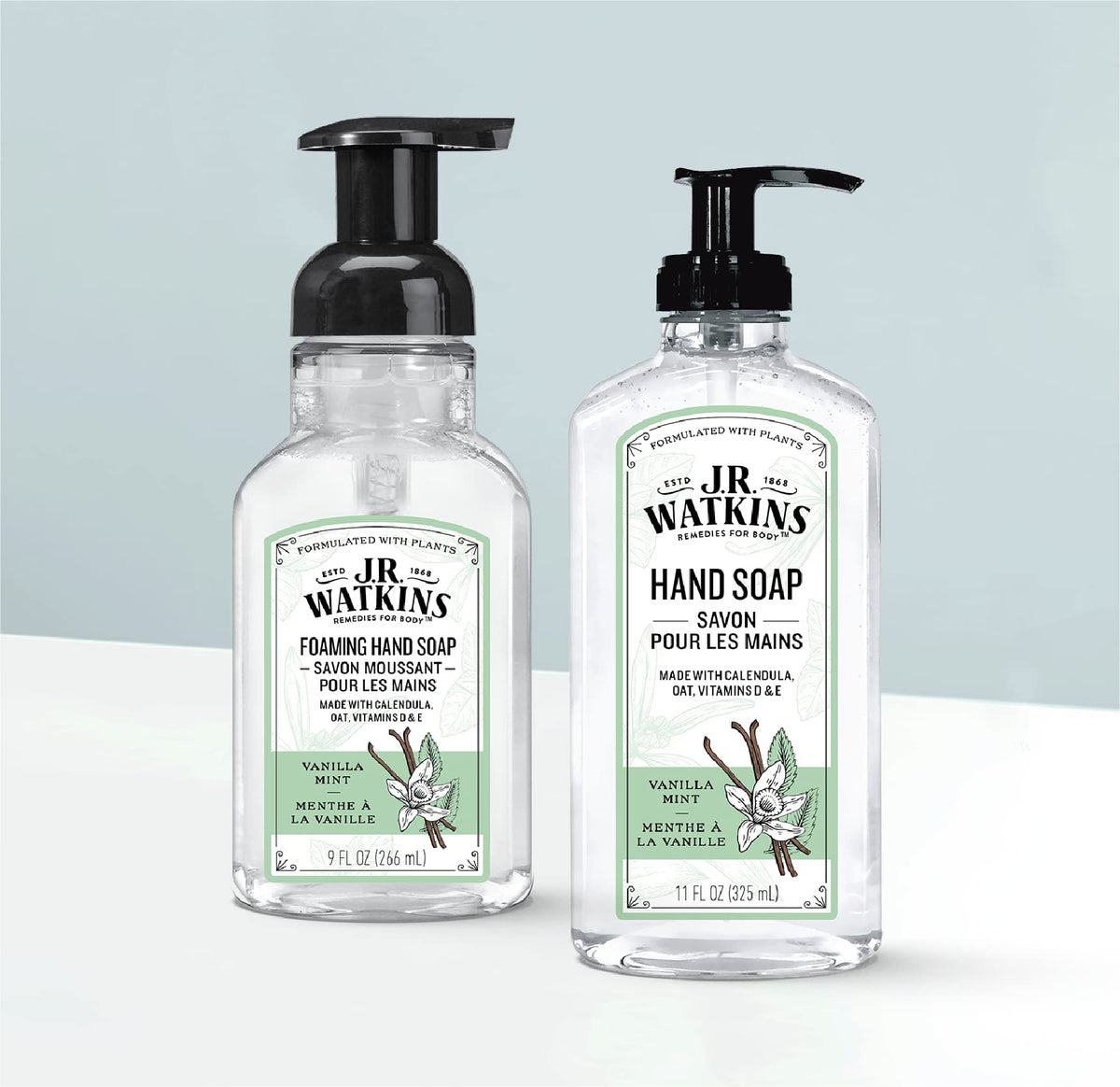 J.R. Watkins pump dispensing foam into hand for quick, mess-free washing benefit