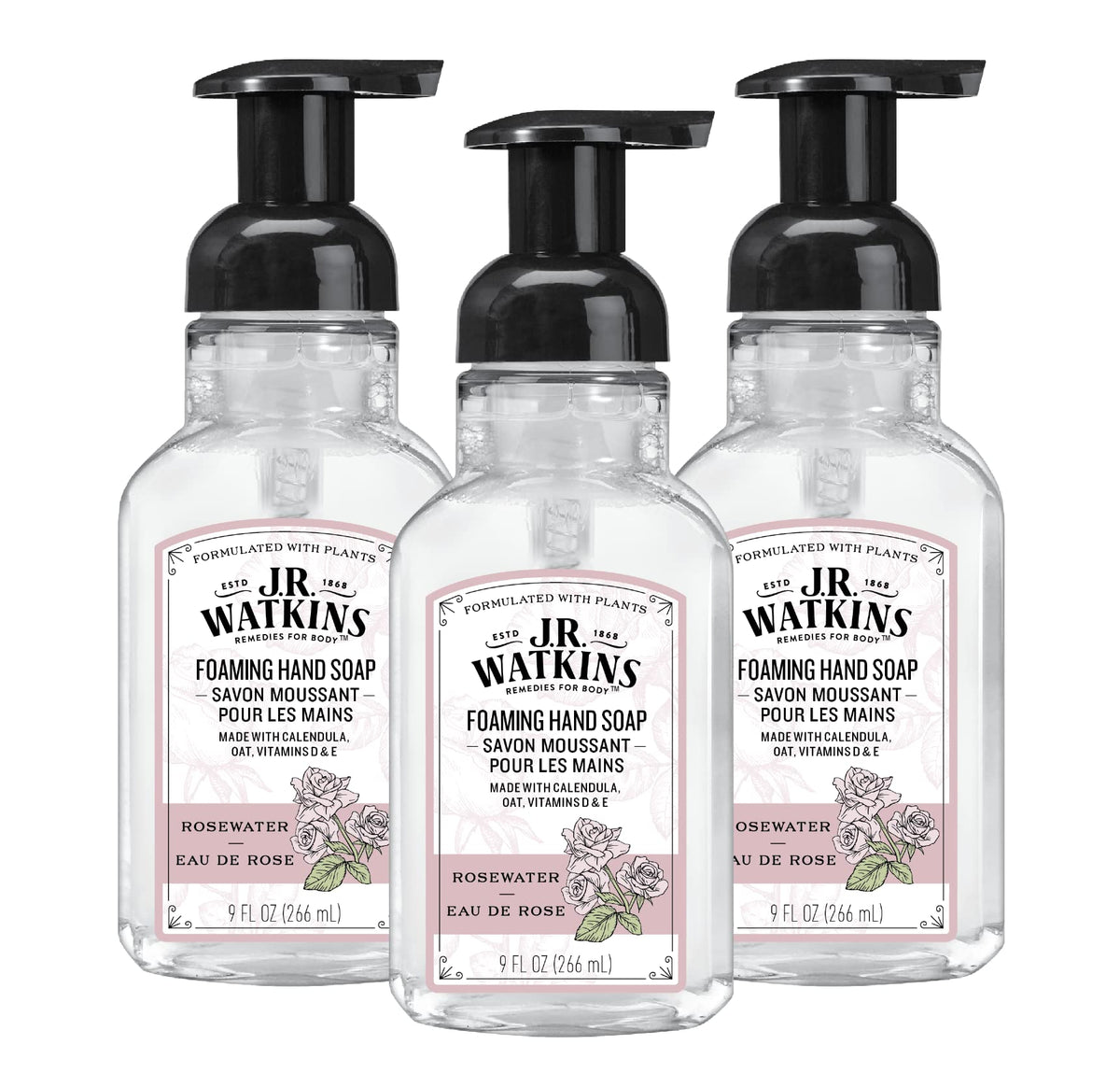 J.R. Watkins front packaging view showing eau de rose and moisturizing benefit