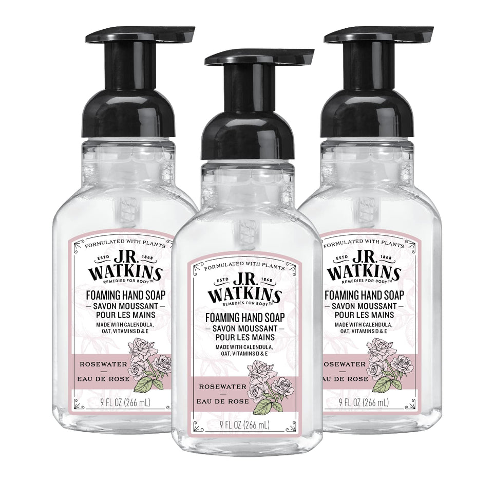 J.R. Watkins front packaging view showing eau de rose and moisturizing benefit