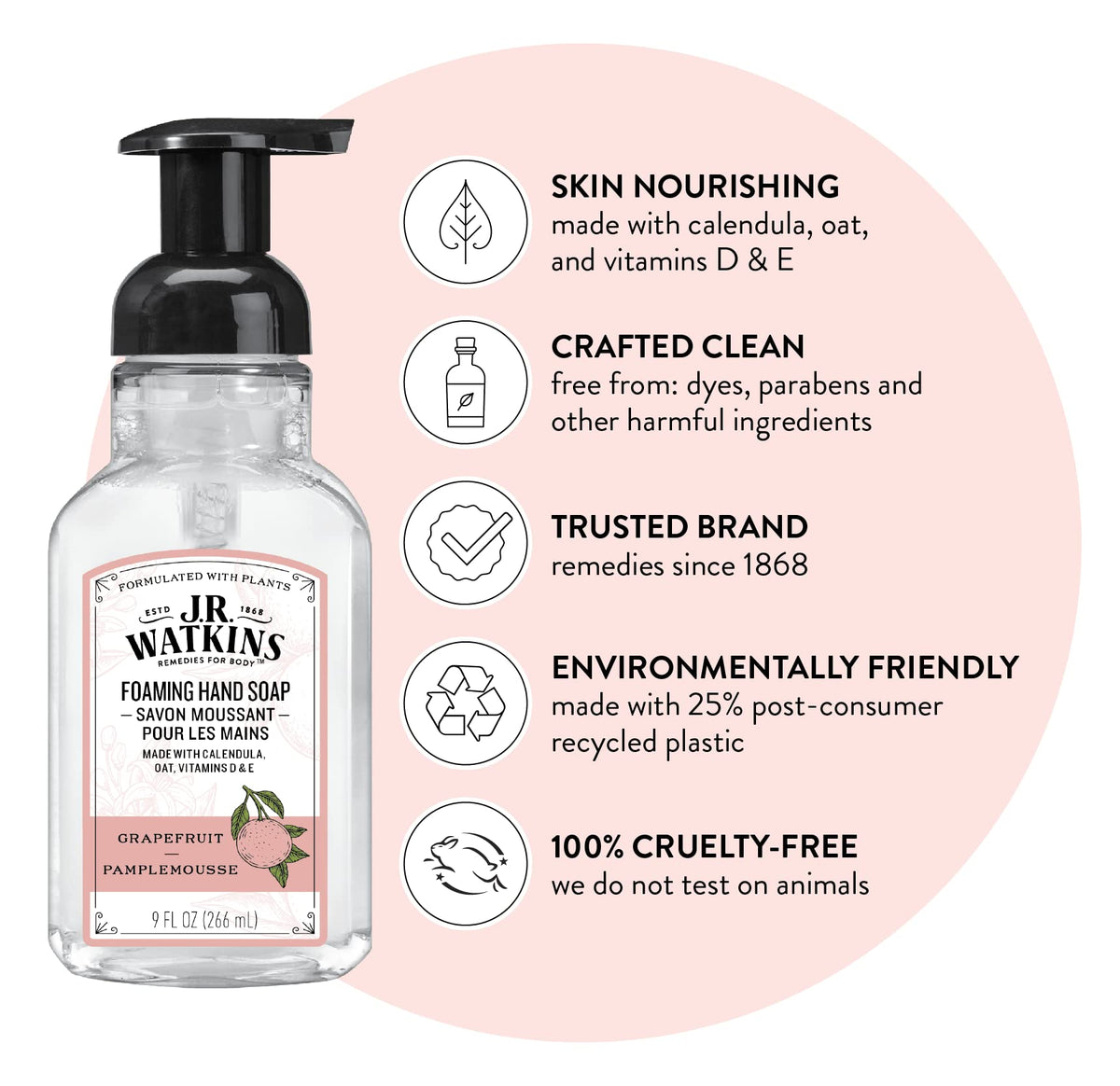 J.R. Watkins pump dispensing airy foam into hand, quick controlled usage