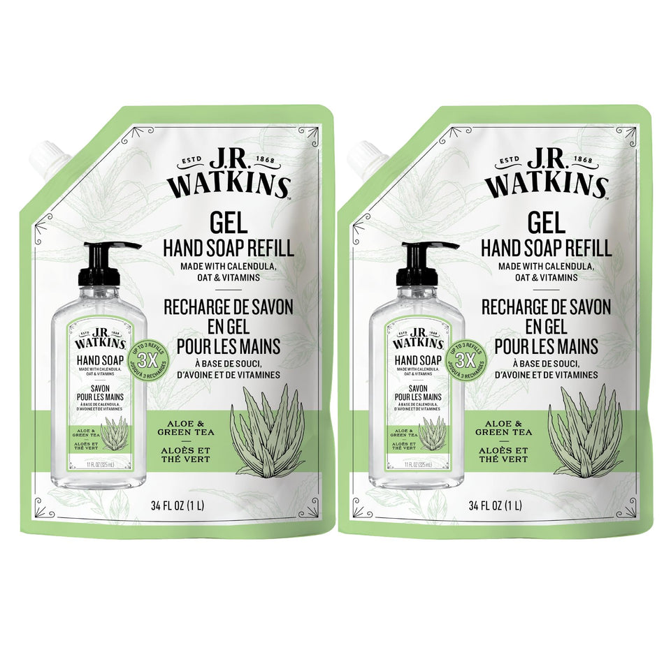 J.R. Watkins front packaging showing aloe and green tea, moisturizing benefit