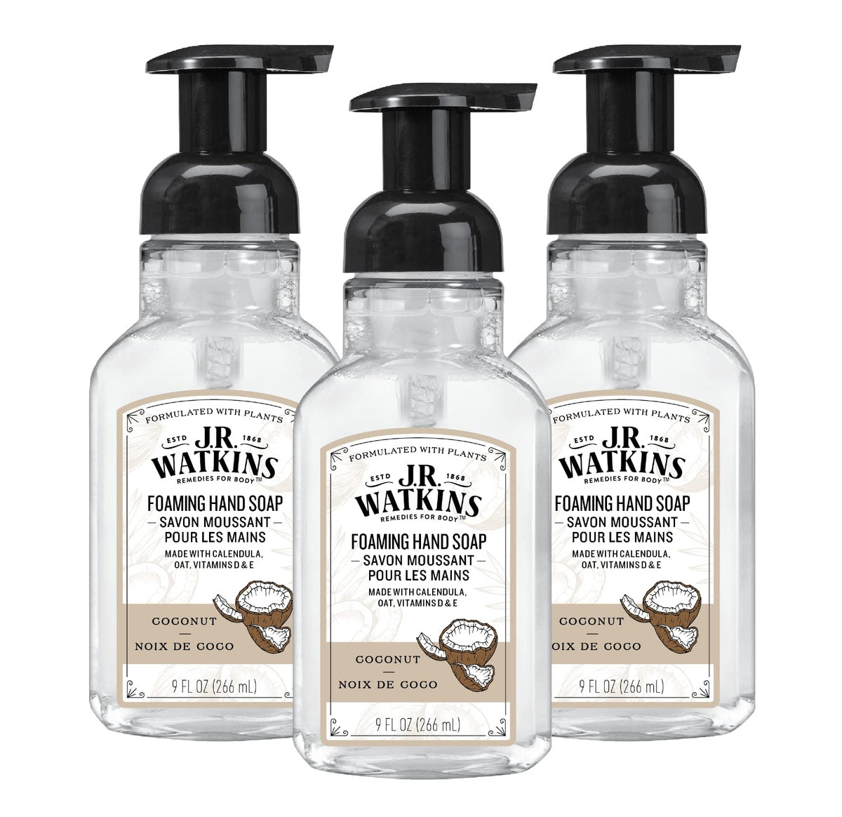 J.R. Watkins front packaging coconut foam pump shows brand and scent benefits