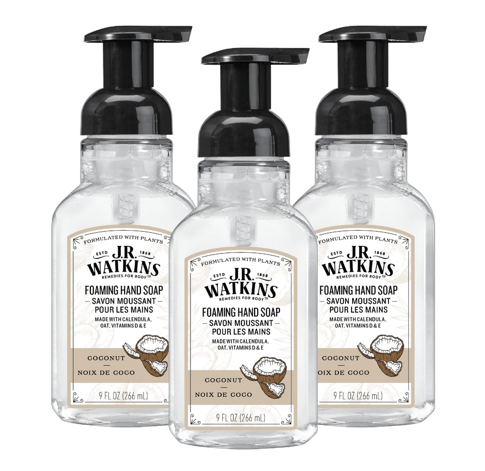 J.R. Watkins front packaging coconut foam pump shows brand and scent benefits