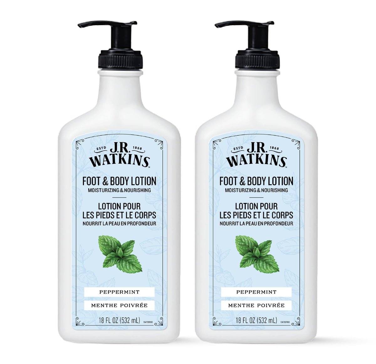 J.R. Watkins front packaging peppermint two-pack showing label and size benefit hydration