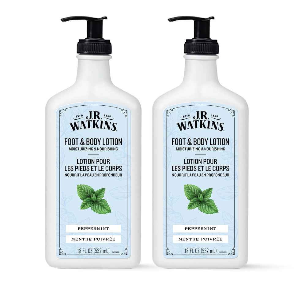J.R. Watkins front packaging peppermint two-pack showing label and size benefit hydration