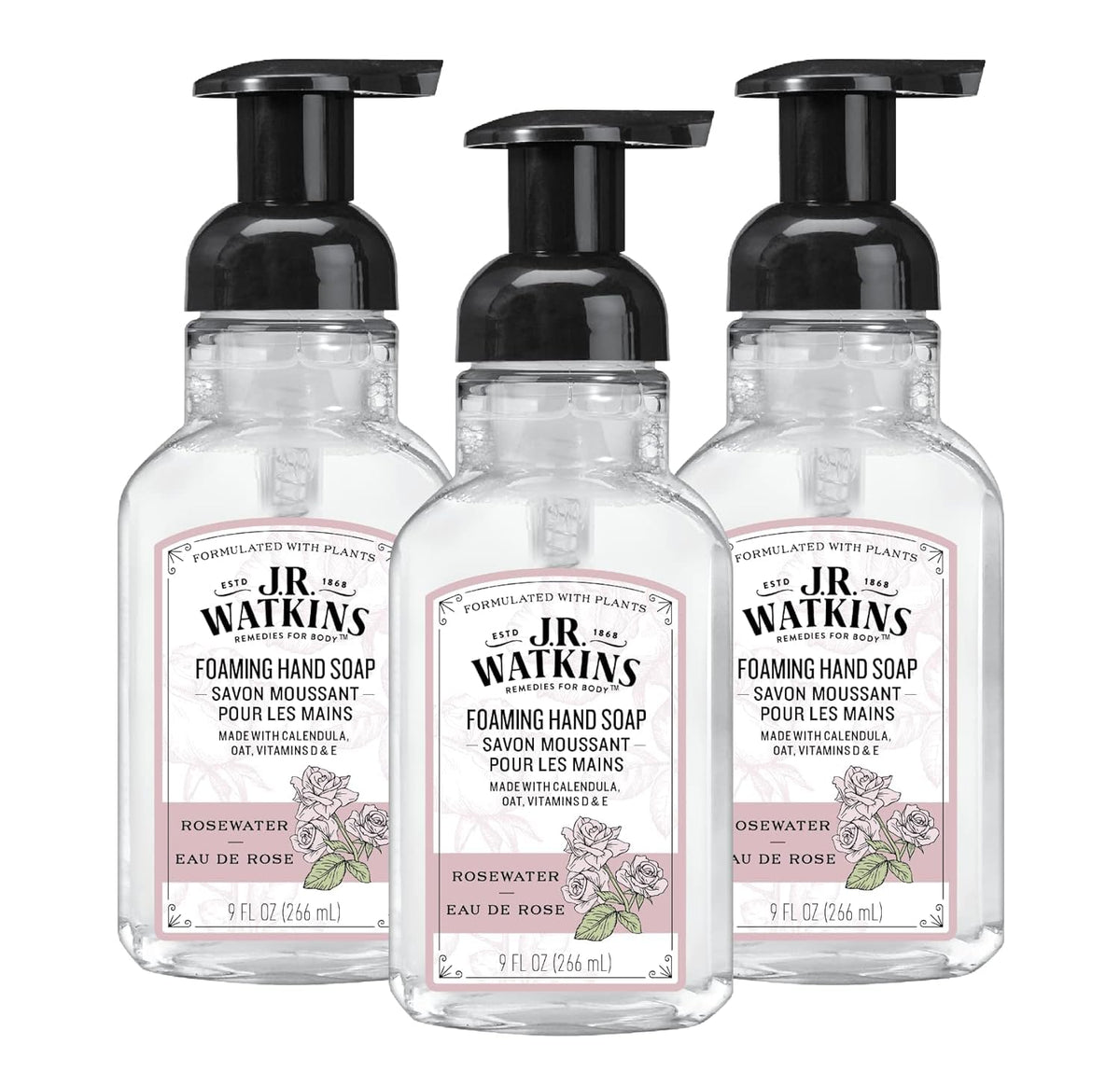 J.R. Watkins front packaging rosewater showing three pump bottles and clean design benefits