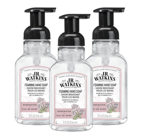 J.R. Watkins front packaging rosewater showing three pump bottles and clean design benefits