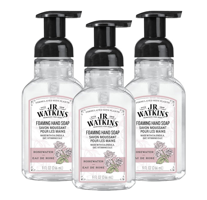 J.R. Watkins front packaging rosewater showing three pump bottles and clean design benefits