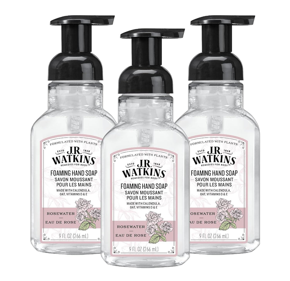 J.R. Watkins front packaging rosewater showing three pump bottles and clean design benefits