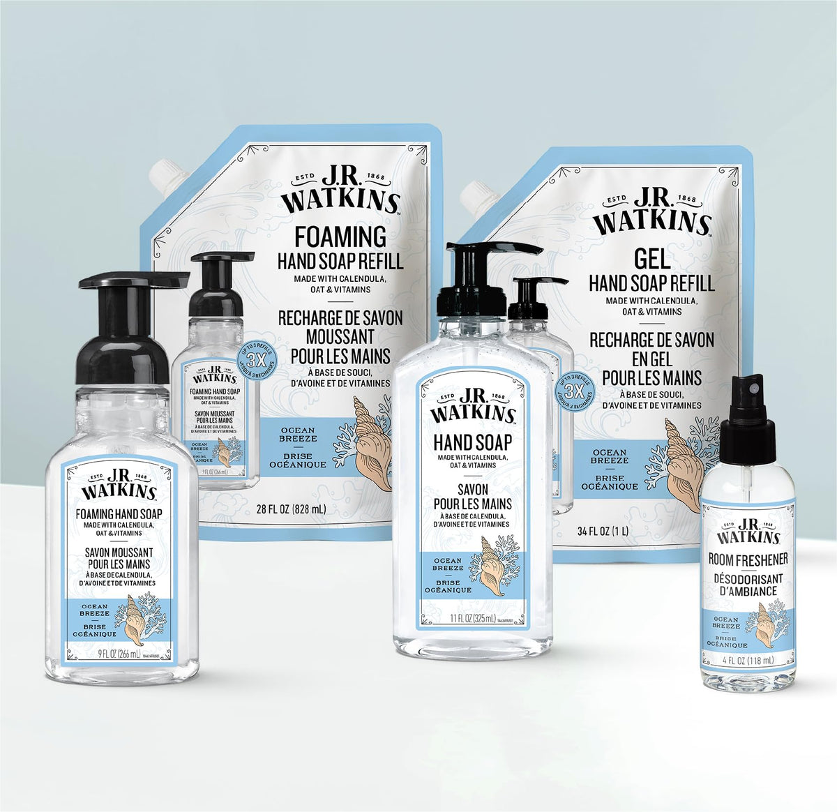 J.R. Watkins refill pouch beside a kitchen sink illustrating everyday use