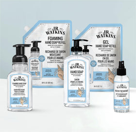 J.R. Watkins refill pouch beside a kitchen sink illustrating everyday use