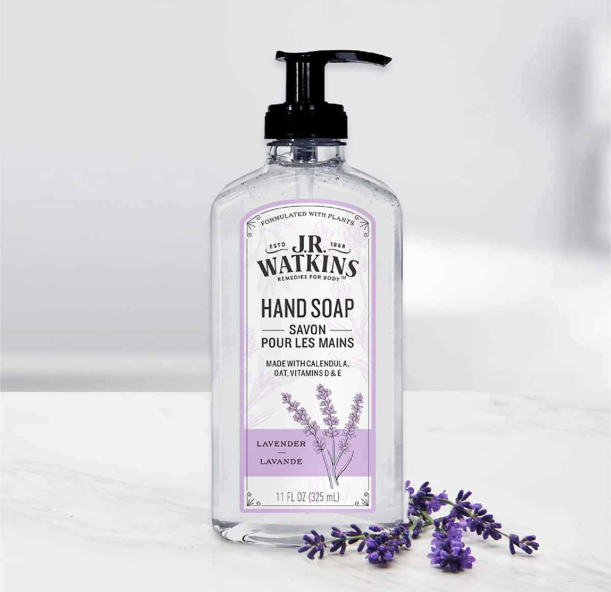 J.R. Watkins staged in bathroom offering calming lavender scent and decor-friendly benefit