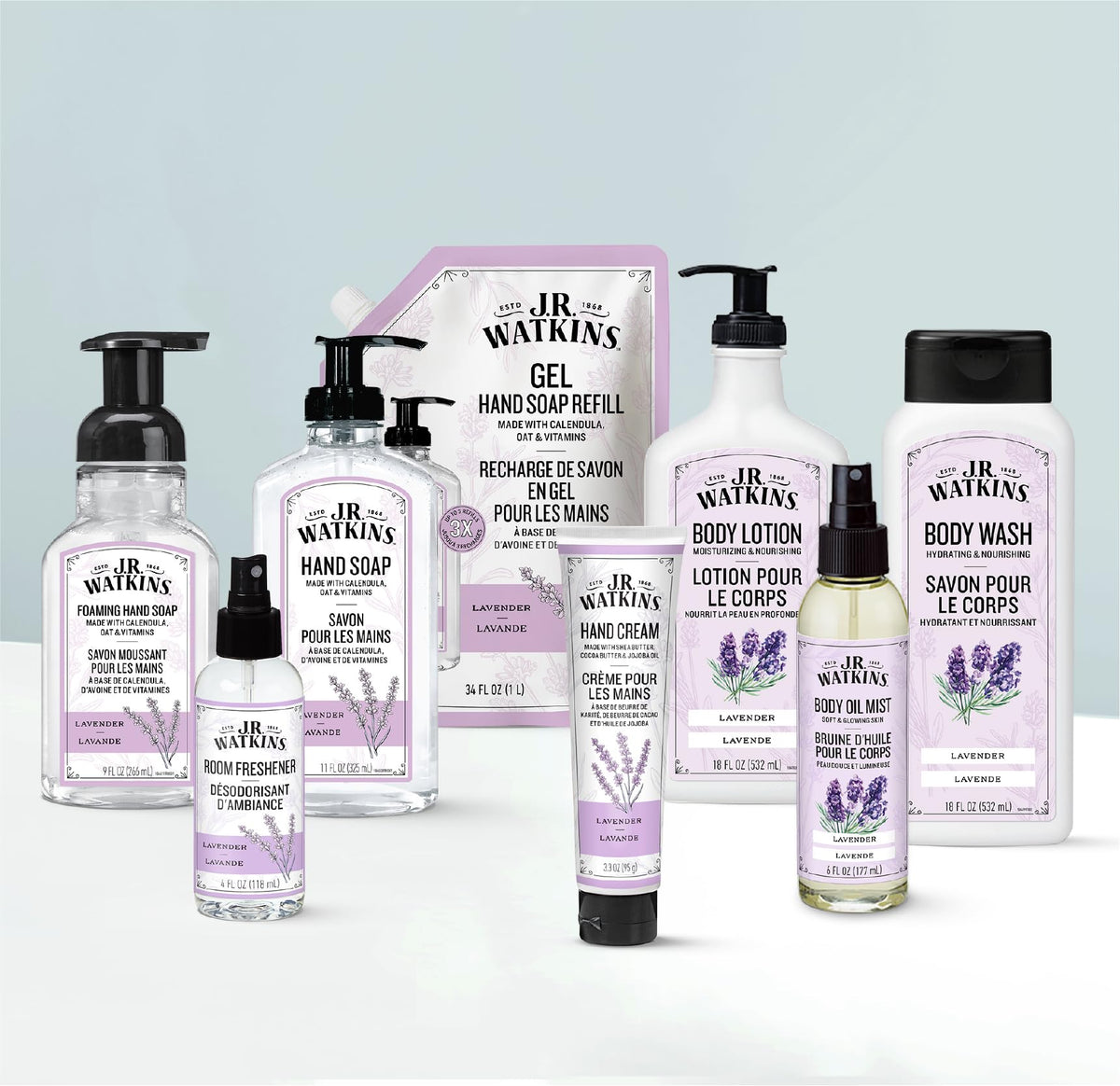 J.R. Watkins bottle staged in bathroom for calm lavender scent benefit