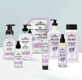 J.R. Watkins bottle staged in bathroom for calm lavender scent benefit