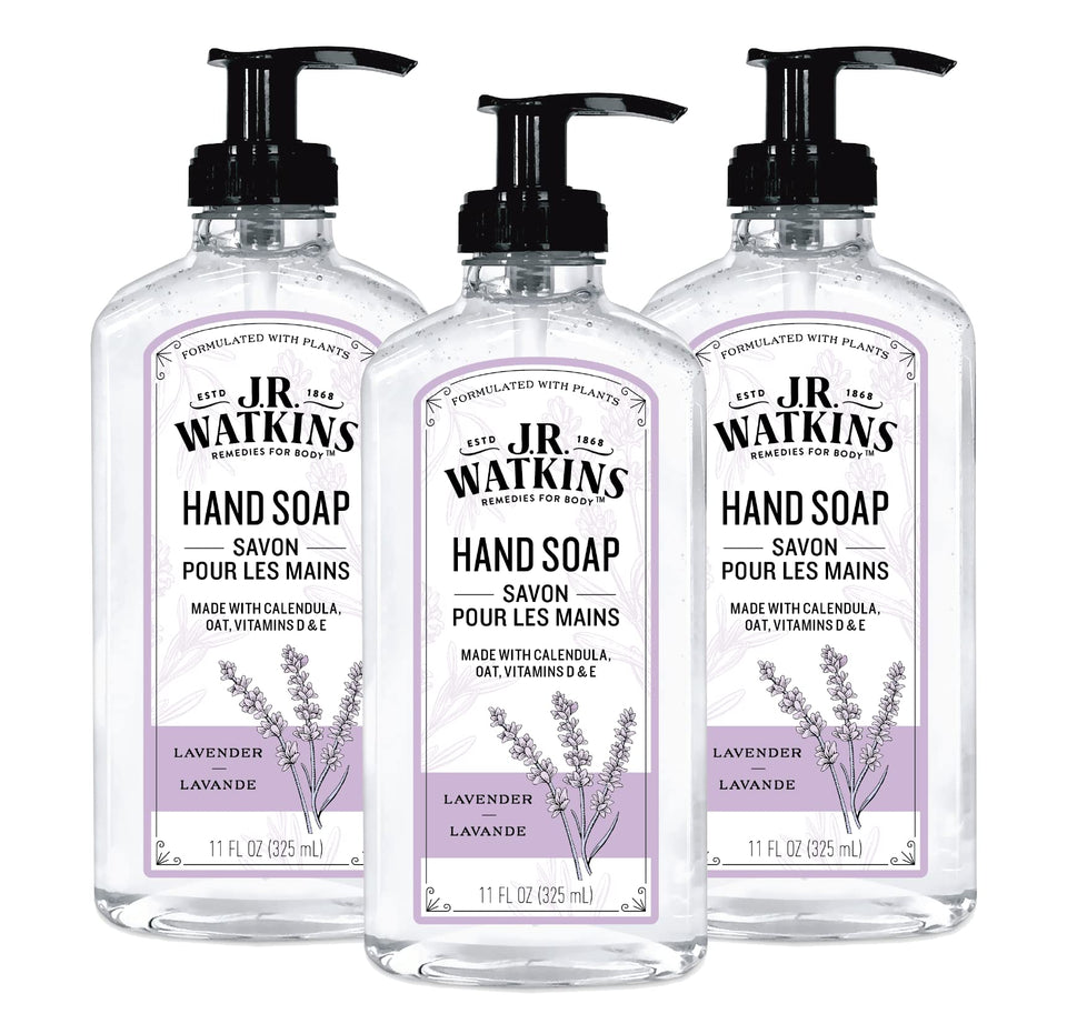 J.R. Watkins front packaging showing three 11 fl oz bottles and lavender scent benefit