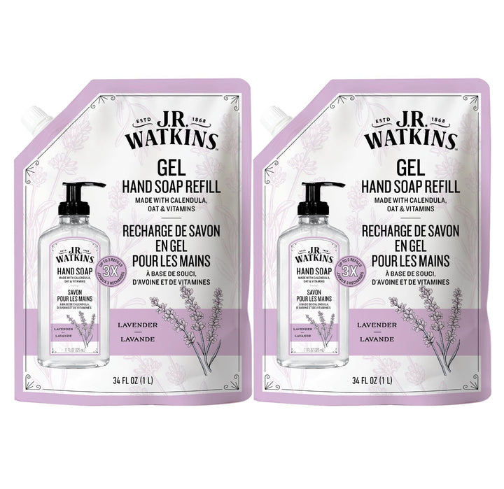 J.R. Watkins front packaging showing lavender pouch and volume benefit
