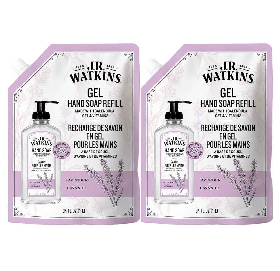 J.R. Watkins front packaging showing lavender pouch and volume benefit