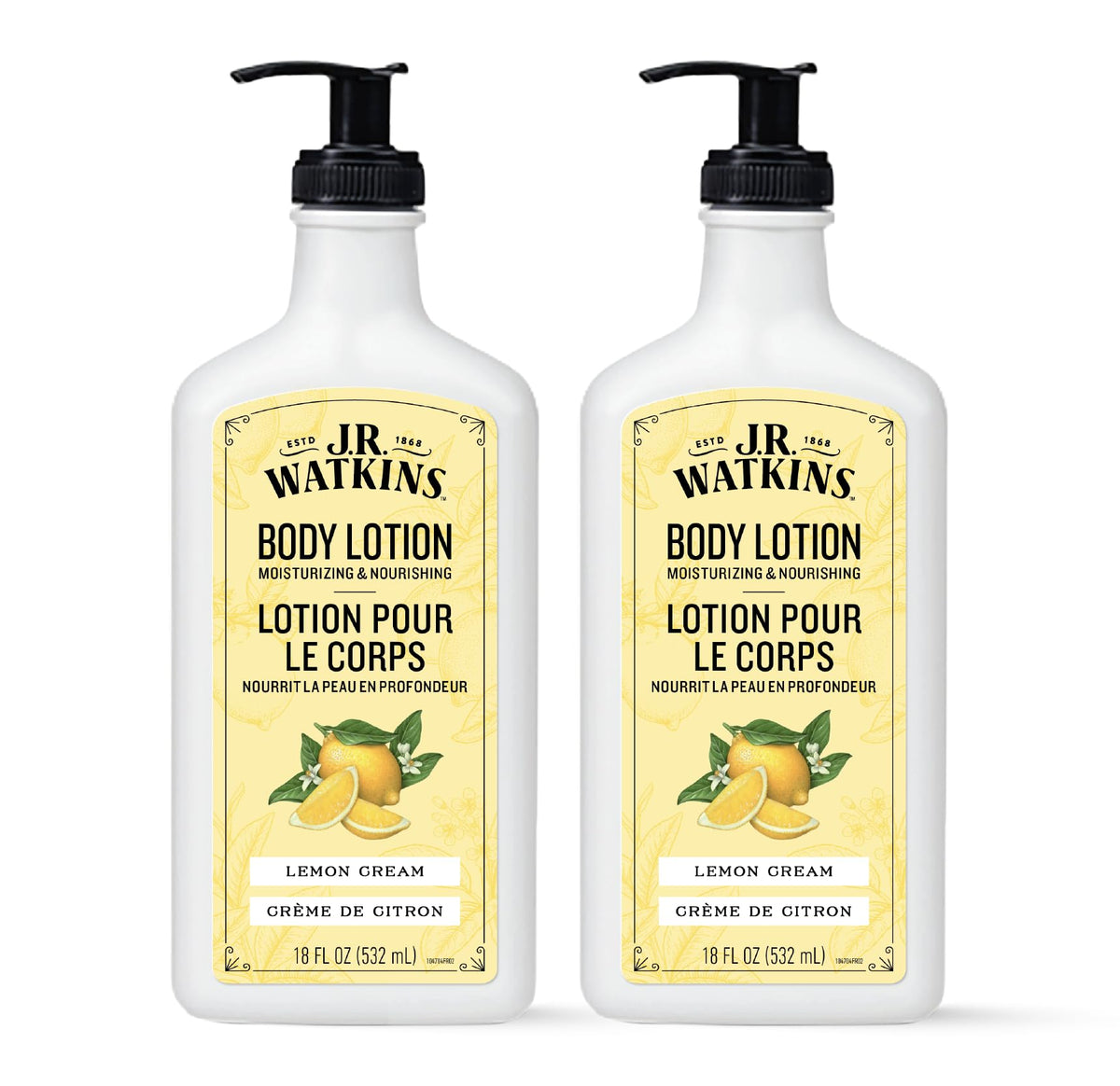 J.R. Watkins front packaging showing two 18 fl oz bottles and lemon cream scent benefit