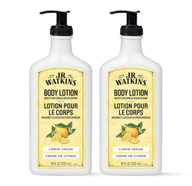 J.R. Watkins front packaging showing two 18 fl oz bottles and lemon cream scent benefit