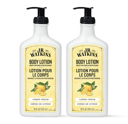 J.R. Watkins front packaging showing two 18 fl oz bottles and lemon cream scent benefit