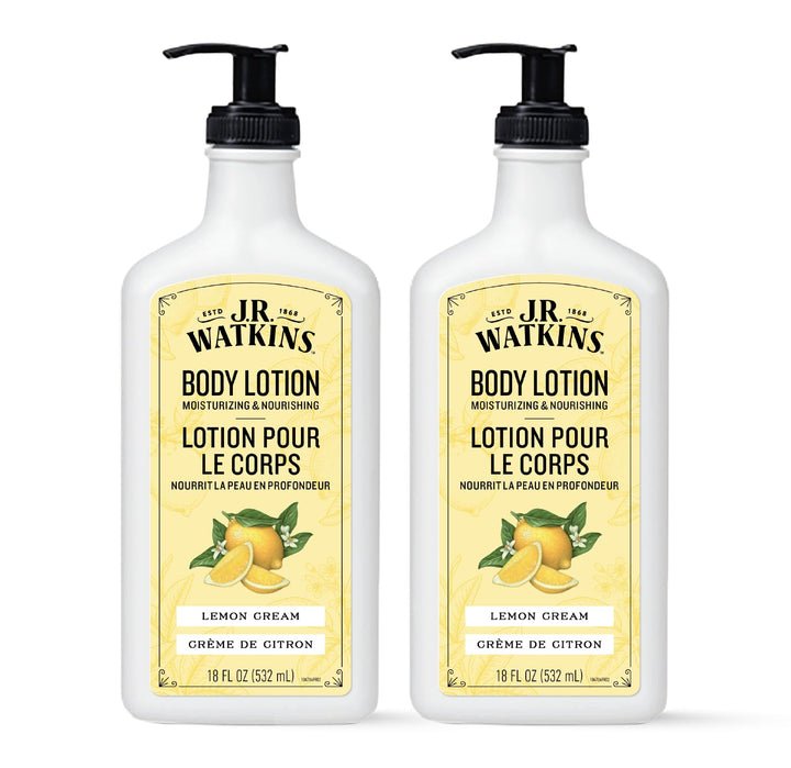 J.R. Watkins front packaging showing two 18 fl oz bottles and lemon cream scent benefit