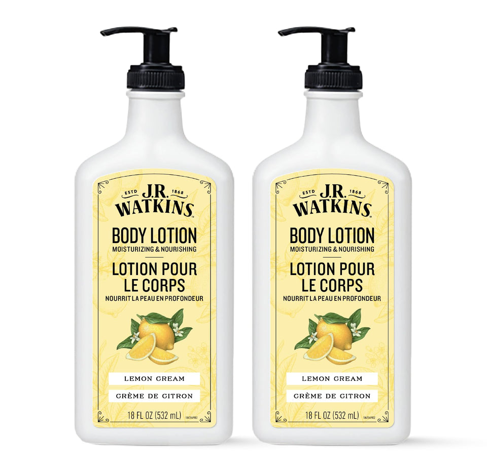 J.R. Watkins front packaging showing two 18 fl oz bottles and lemon cream scent benefit