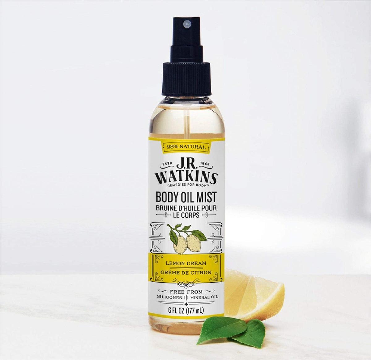 J.R. Watkins bottle in bathroom setting, convenient post-shower use benefit