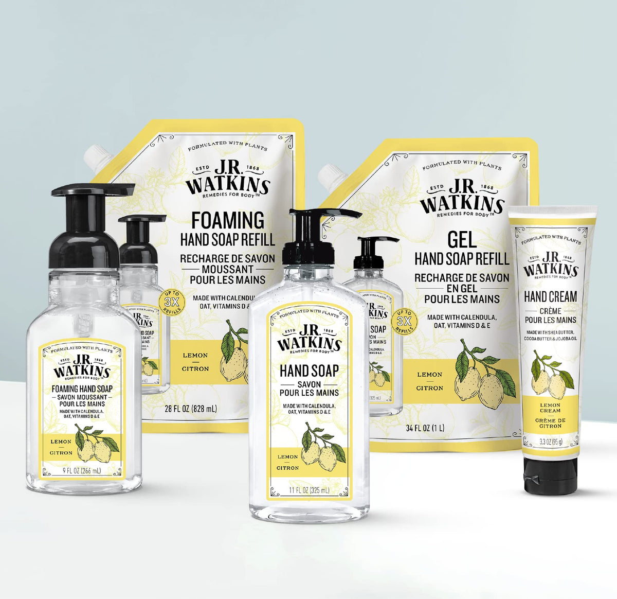 J.R. Watkins pouring pouch into pump bottle demonstrating easy refill convenience