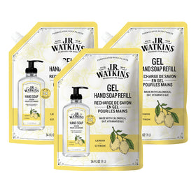 J.R. Watkins front pouch showing lemon refill and easy pour benefits