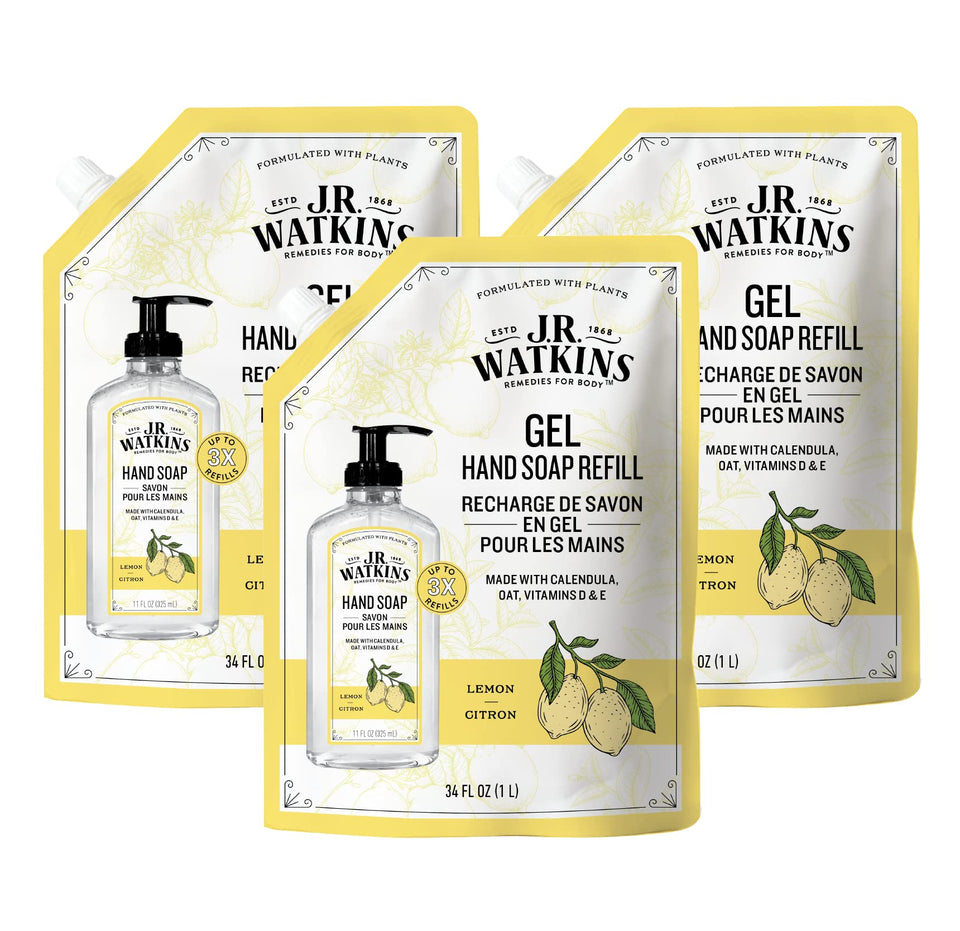 J.R. Watkins front pouch showing lemon refill and easy pour benefits