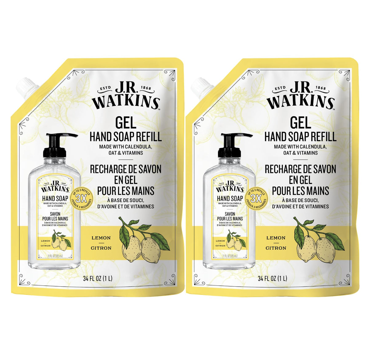 J.R. Watkins front pouch view showing lemon refill packaging and capacity benefit