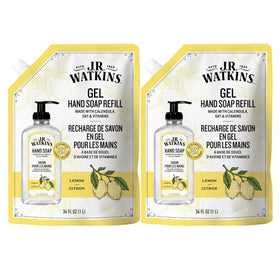 J.R. Watkins front pouch view showing lemon refill packaging and capacity benefit