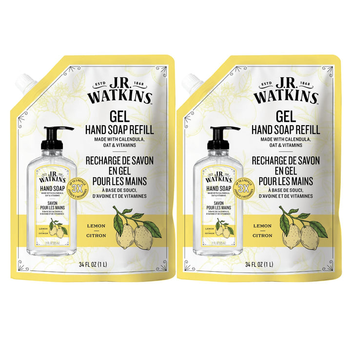 J.R. Watkins front pouch view showing lemon refill packaging and capacity benefit