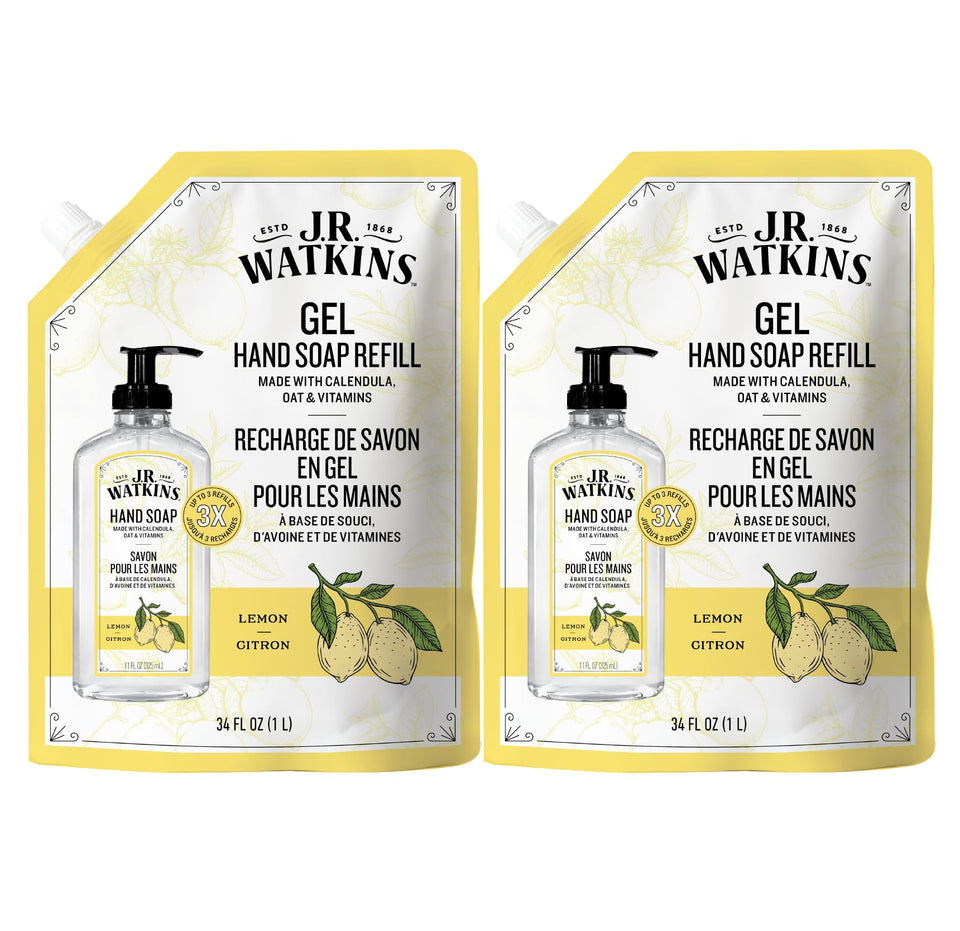J.R. Watkins front pouch view showing lemon refill packaging and capacity benefit