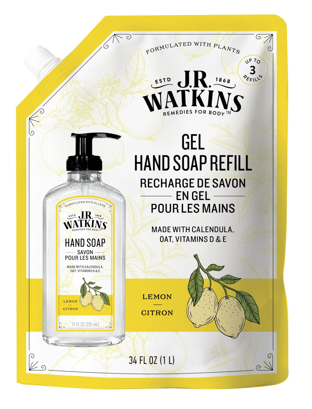 J.R. Watkins lemon refill front pouch showing packaging and eco benefit
