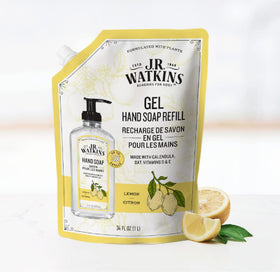 J.R. Watkins lemon refill label close-up showing ingredient and safety benefit
