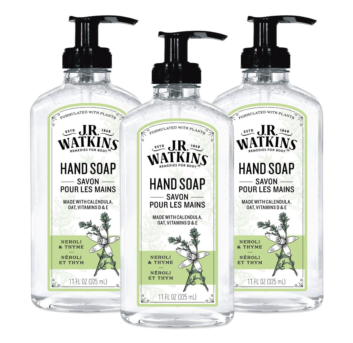 J.R. Watkins front packaging view showing three bottles and benefit of gentle cleansing